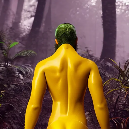 Prompt: « a person wearing yellow hazma suit, in a dark jungle, photorealistic, unreal engine 5, full body portrait, back view »