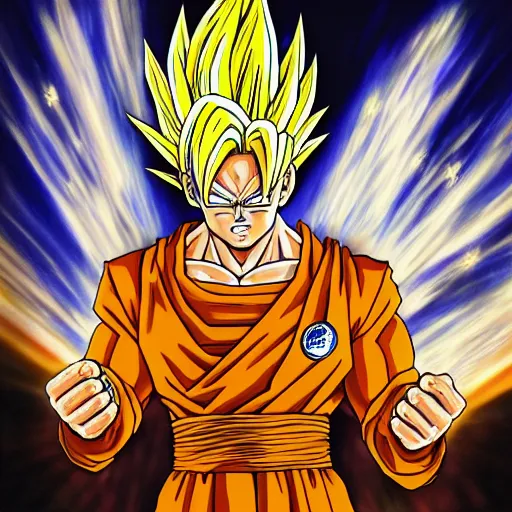 Image similar to ultra realistic portrait painting of joe biden as super saiyan goku, art by akira toriyama, 4 k, dragon ball artstyle, cel shaded, highly detailed, epic lighting