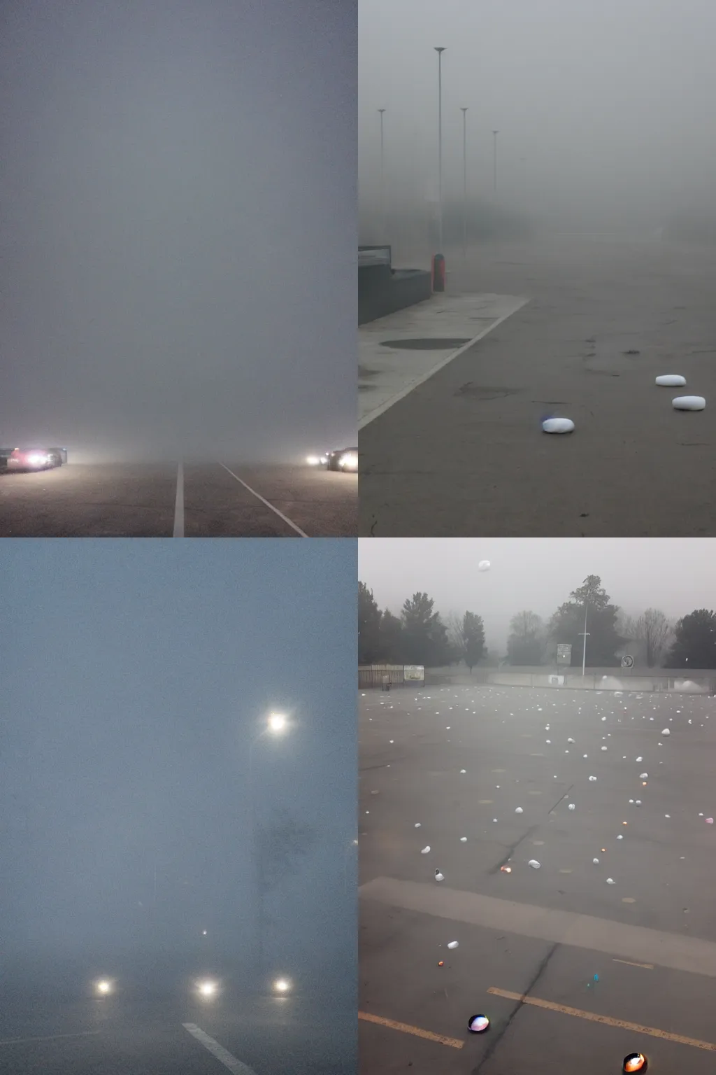 Prompt: empty liminal foggy parking lot eyeballs!!!!!!! floating! in air