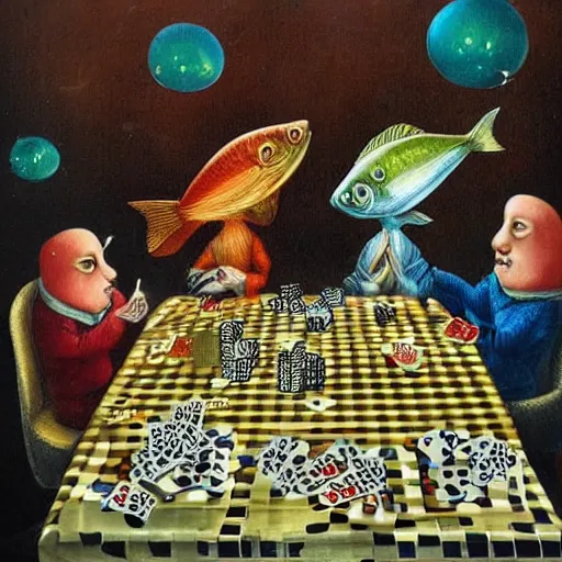 Image similar to two fishes sitting at a table playing cards at the bottom of the sea, the table has a checkered table cloth, lowbrow surrealistic, in the style of mark ryden,