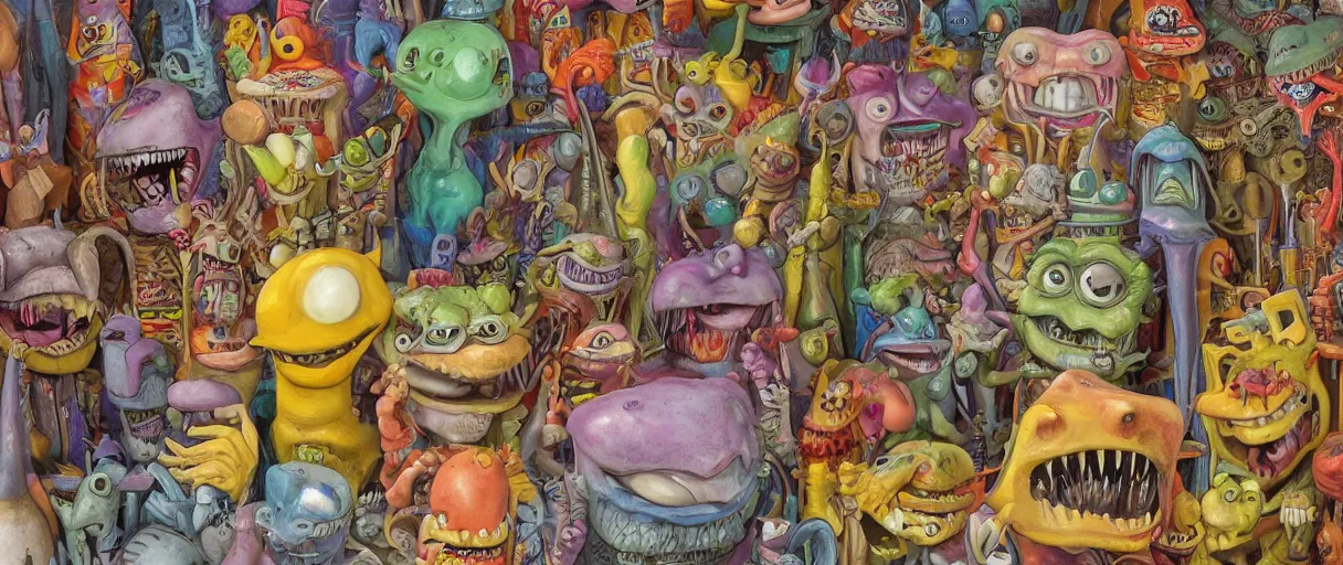 Prompt: an aaahh!!! Real monsters shop shelf by James Gurney | close up