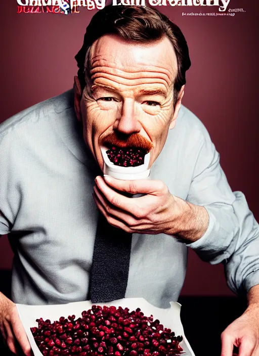 Image similar to bryan cranston bulging cheeks eating cranberries, open mouth filled with cranberries, studio light, bloom, detailed face, magazine, press, photo, steve mccurry, david lazar, canon, nikon, focus