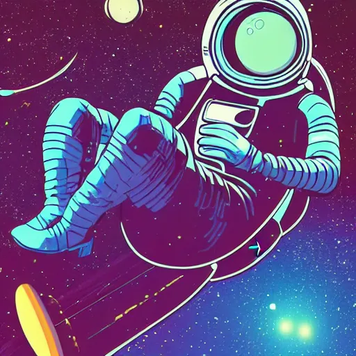 Image similar to Medium shot of an astronaut relaxing in space designed by Jack Kirby, digital art, cartoon art, acrylic, bokeh, synthwave, retro,