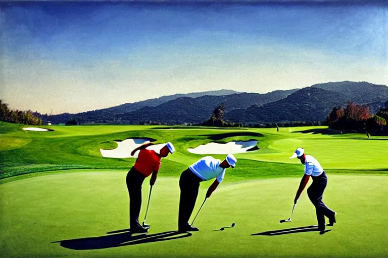 Prompt: Three golfers on beautiful driving range, Italian futurism