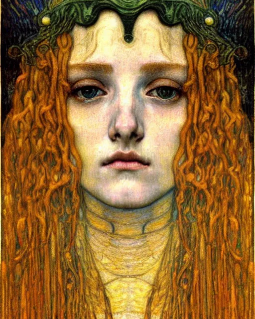 Image similar to detailed realistic beautiful young medieval queen face portrait by jean delville, gustav klimt and vincent van gogh, art nouveau, symbolist, visionary, gothic, pre - raphaelite, muted earthy colors, desaturated