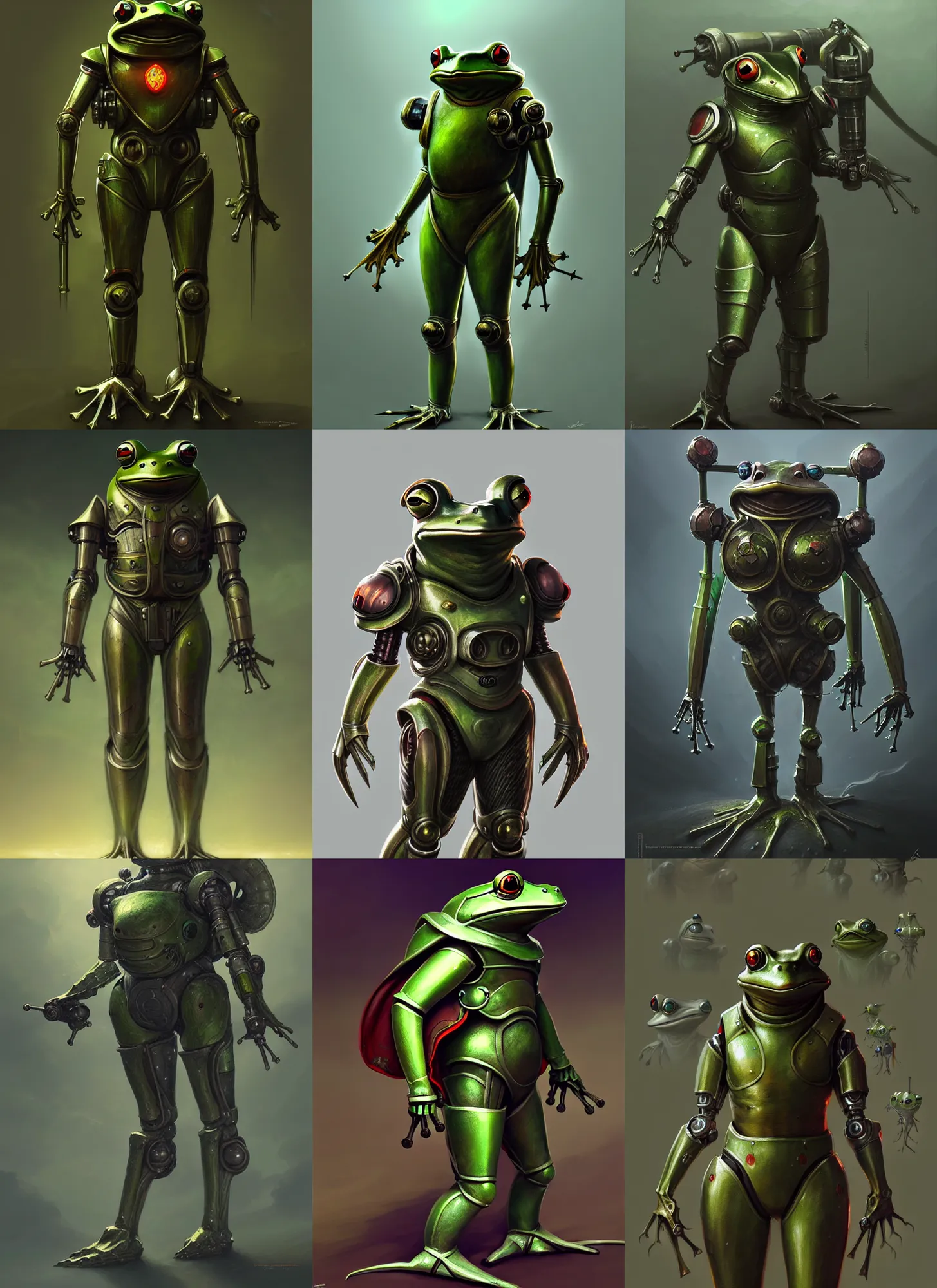 Prompt: a medieval frog mecha suit, diffuse lighting, fantasy, highly detailed, photorealistic, digital painting, artstation, illustration, concept art, smooth, sharp focus, in the style of tom bagshaw