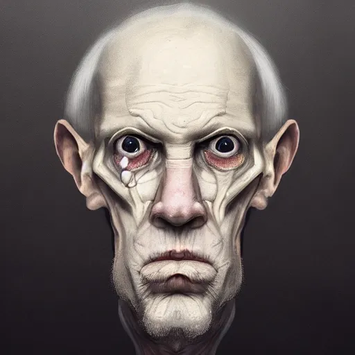 Image similar to eerie portrait of creepy pale old man with fish like facial features, painted, trending on art station, love craftian, dark lighting