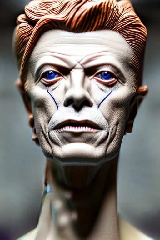 Image similar to David Bowie , A Close up photo-real delicate ceramic porcelain sculpture of a symmetrical ornate detailed in front of an intricate background by Victo Ngai and takato yamamoto, micro detail, backlit lighting, face in focus, subsurface scattering, translucent, thin porcelain, octane renderer, colorful, physically based rendering, japanese pottery, trending on cgsociety