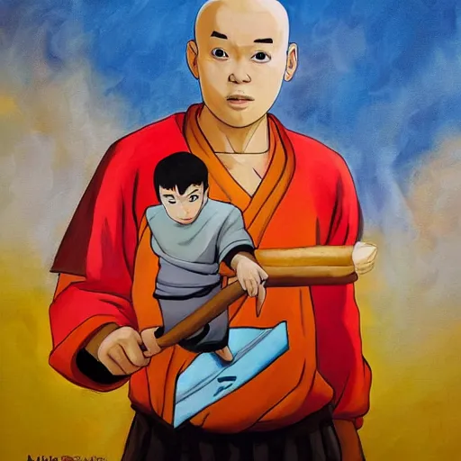 Image similar to a painting portrait of the last airbender in an arsenal jersey holding a hot dog,