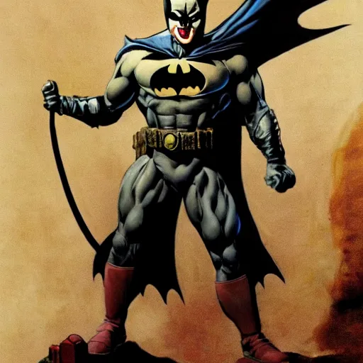 Prompt: frank frazetta the batman as pennywise, full body, 8 k, realistic, photo real, smooth, sharp, intricate detail, hyper detail, dramatic lighting, dramatic shading