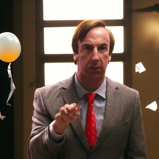 Image similar to saul goodman throwing dart at red ballon, still from better call saul