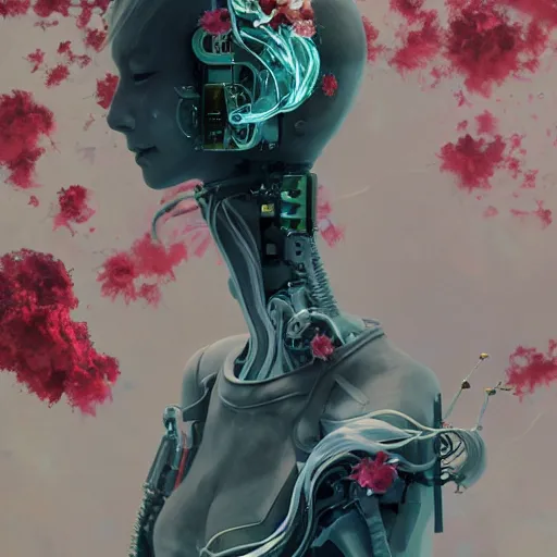 Image similar to surreal gouache painting, by yoshitaka amano, by ruan jia, by conrad roset, by good smile company, detailed anime 3 d render of a female mechanical android head with flowers growing out, portrait and white background, cgsociety, artstation, rococo mechanical costume and grand headpiece, dieselpunk atmosphere