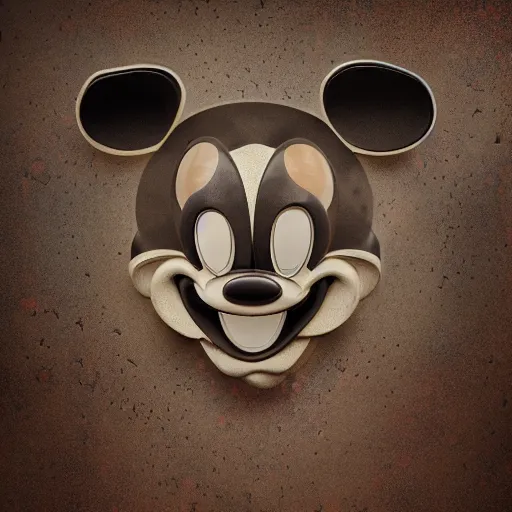 Image similar to 1 9 5 0 wartime mickey mouse head, automotive, fractal, leathery, wet, broken, melting, rococo, mycelium, baroque, sumerian, radiant alien, magic kingdom, octane render, high detail