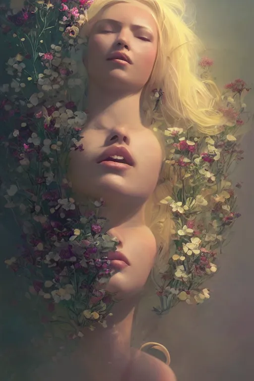 Prompt: A beautiful blonde robotic woman dreaming in a cocoon made of flowers, closed eyes, open lips, light and shadow, cinematic lighting, soft bokeh, sci-fi, modern, colourful, highly detailed, digital painting, artstation, concept art, sharp focus, illustration, by greg rutkowski