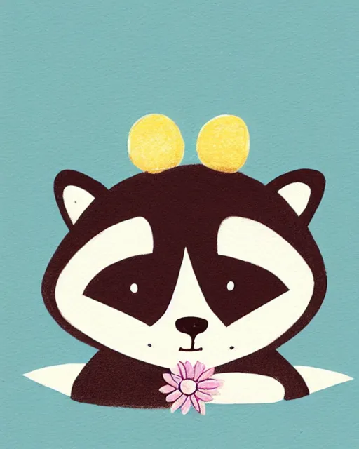 Prompt: a minimalist storybook illustration of a smiling happy cute raccoon wearing a flower crown, by antoine de saint - exupery and annabel kidston and naomi okubo and jean - baptiste monge. a child storybook illustration, muted colors, soft colors, low saturation, fine lines, white paper