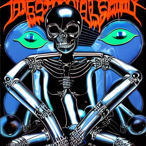Image similar to 1 9 8 0's heavy metal album art, a shiny reflective detailed chrome android dancing with a skeleton wearing a skintight black latex bodysuit inside an alien nightclub, colorful lighting