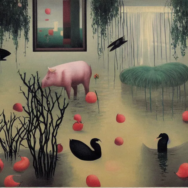 Image similar to painting of flood waters inside an apartment, tall female emo art student, a river flooding indoors, pomegranates, pigs, ikebana, water, river, rapids, waterfall, black swans, canoe, berries dripping, acrylic on canvas, surrealist, by magritte and monet