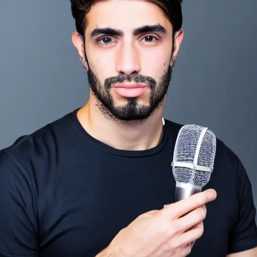 Image similar to handsome Portuguese male twitch streamer looking confused at his expensive microphone which isn't working, high quality photo, 4k