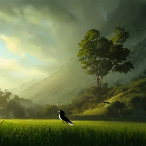 Image similar to magpie bird, urraca in avila, green fields, spring season, 4 k, concept art, by wlop, ilya kuvshinov, artgerm, krenz cushart, greg rutkowski, pixiv. cinematic dramatic atmosphere, sharp focus, volumetric lighting, cinematic lighting, studio quality