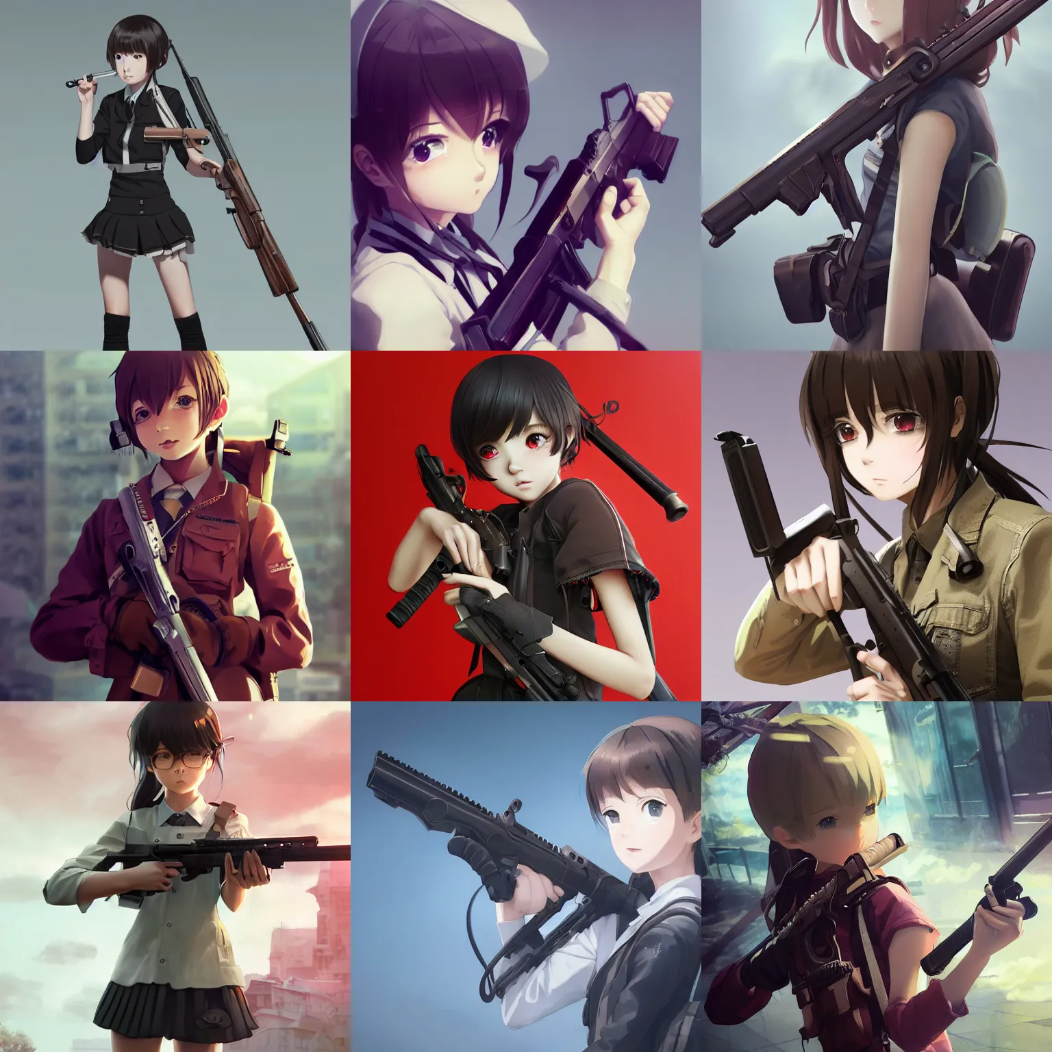 Prompt: worksafe. insanely detailed. by wlop, ilya kuvshinov, krenz cushart, greg rutkowski, pixiv. zbrush sculpt, octane, maya, houdini, vfx. closeup gorgeous attractive young cg anime teen kid schoolgirl, holding a rifle, in luxury advertisement. cinematic dramatic atmosphere, sharp focus, volumetric lighting