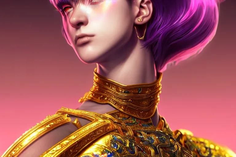 Image similar to hyperdetailed portrait of a stunningly beautiful european girl androgynous guard made of iridescent metals shiny pink gems, bright nimbus, thin golden necklace, inspired by ross tran and wlop and masamune shirow and kuvshinov, concept art, intricate, photorealistic, octane render, rtx, hdr, unreal engine, dnd digital art by artgerm