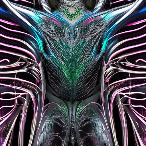 Prompt: cyberpunk neon metallic by zaha hadid, iris van herpen and rick owens. highly detailed, hyper - real, very beautiful, intricate fractal details, very complex, opulent, epic, mysterious, polished, futuristic design, trending on deviantart and artstation