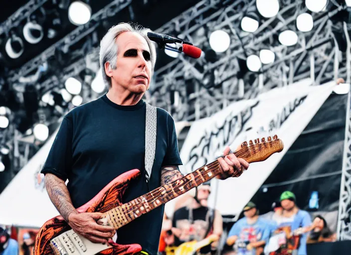 Image similar to photo still of henry winkler on stage at vans warped tour!!!!!!!! at age 3 3 years old 3 3 years of age!!!!!!!! shredding on guitar, 8 k, 8 5 mm f 1. 8, studio lighting, rim light, right side key light