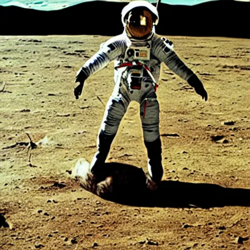 Image similar to surreal art of steed standing on astronaut that standing on all fours