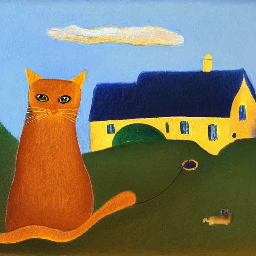 Image similar to golden cat with a black spot on her trunk, an old house with a window over a hill, blue sky, oil painting