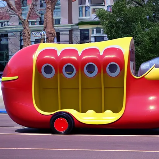Prompt: very weird, very wrong concept of the Oscar Mayer Wienermobile on the street, photograph from a car show