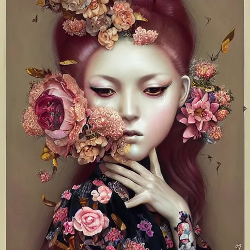 Prompt: pop surrealism, lowbrow art, realistic spanish woman painting, full covered dress, japanese related with flowers 🌸, hyper realism, muted colours, rococo, natalie shau, loreta lux, 🌫 tom bagshaw, mark ryden, trevor brown style