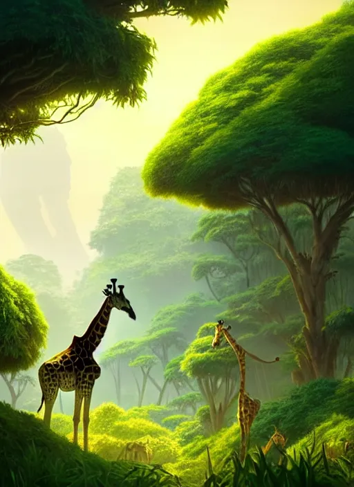 Image similar to a wholesome animation key shot of a giraffe, jungle in the background, studio ghibli, pixar and disney animation, sharp, rendered in unreal engine 5, anime key art by greg rutkowski, bloom, dramatic lighting