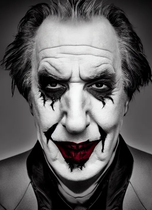 Prompt: photo of Alan Rickman as the Joker by Lee Jeffries and Eolo Perfido, grotesque smile, detailed, award winning, Sony a7R