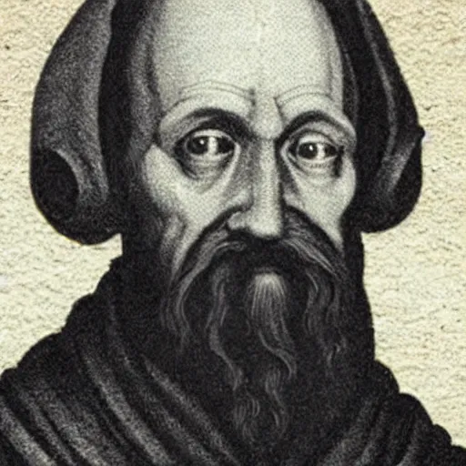 Image similar to Photograph of a robotic Theologian John Calvin, resembles a robot