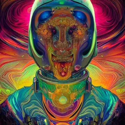 Image similar to An extremely psychedelic experience, colorful, surreal, dramatic lighting, cosmonaut, LSD, face, detailed, intricate, elegant, highly detailed, digital painting, artstation, concept art, smooth, sharp focus, illustration, art by Sam Spratt, Dan Mumford, Artem Demura and Alphonse Mucha