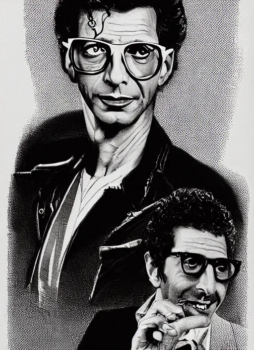 Prompt: portrait of jeff goldblum in the fly ( 1 9 8 6 ), highly detailed, centered, concept art, smooth, sharp focus, illustration, rick griffin, bob fried, victor moscoso, randy tuten, david singer