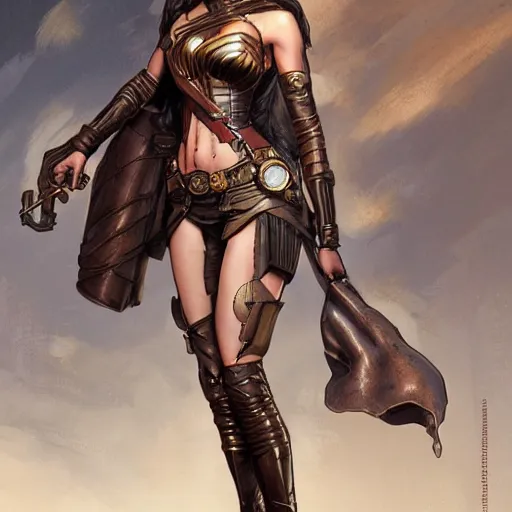 Image similar to highly detailed steampunk gal gadot standing, artgerm, greg rutkowski, magali villeneuve