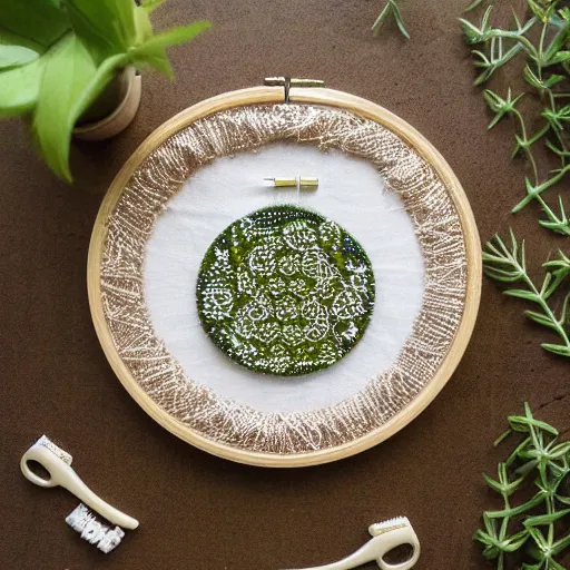 Image similar to a detailed product photograph of a little symmetrical intricately embroidered enchantment that represents abundance and playfulness and that friday feeling, made with tiny delica beads and glitter thread and herbs, organic olive green tones, light leaks