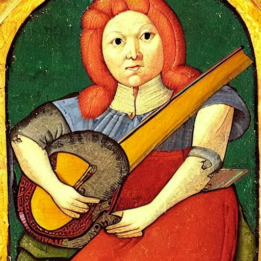 Image similar to medieval portrait of a cat playing lute, colorful