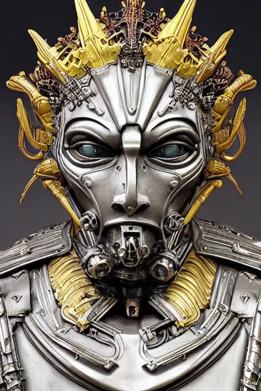 Image similar to a dramatic full-color art nouveau and ironpunk styled bust portrait of a godlike and stoic alien king, with strong judging eyes, extremely detailed, art nouveau cybenetic engraved armor and intricately detailed angel-winged crown of cosmic power, perfectly symmetrical facial structure and framework, handsome yet brutal alien facial features of ancient swarth, by simon bisley, michael kaluta and travis charest, dark sci-fantasy, deeply ornate complexity, male face and bust, human anatomy mixed with cosmic alien and cyborg characteristics, sci-fi character concept, photorealism, art nouveau framing, stunning lighting, hyperrealism, 8k