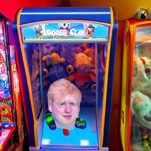 Image similar to an arcade claw machine filled with plush toys that look like boris johnson,