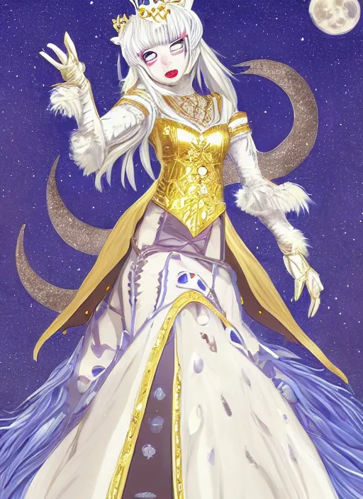 Image similar to commissioned full body portrait of a female anthro werewolf princess fursona with white hair wearing a white and gold Chinese armored dress in a white and gold palace on a starry night with a large crescent moon, by a professional manga illustrator, Stanley Artgerm Lau, WLOP, Rossdraws, James Jean, Andrei Riabovitchev, Marc Simonetti, and Sakimichan, trending on artstation