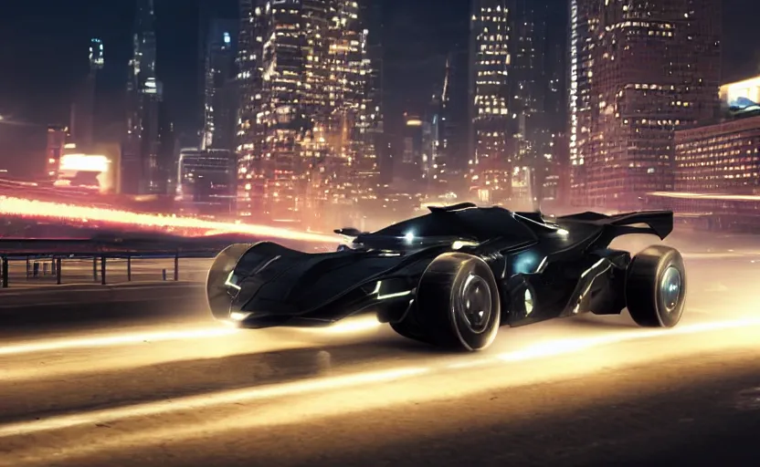 Image similar to A film still of the 2025 Batmobile prototype racing through Gotham at night, 8k