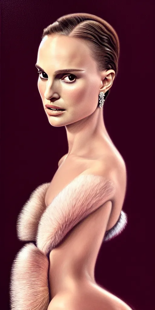 Image similar to Natalie Portman, wearing an evening gown, alexander mcqueen couture, very detailed portrait, ultrarealistic, dramatic lighting, electrical details, high details, 4k, 8k, best, accurate, trending on artstation, fur, artstation, photorealism, ultrarealistic, digital painting, style of Dali, Caravaggio, Boris Vallejo