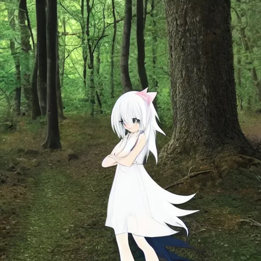 Prompt: a cute white long haired anime foxgirl in a forest