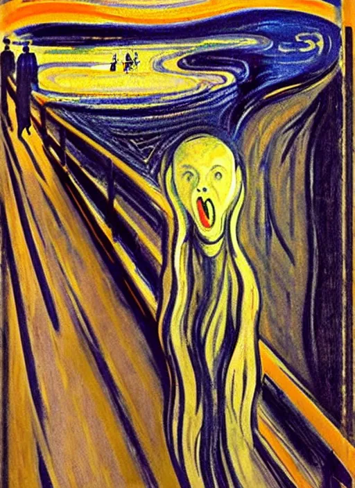 Image similar to oil painting of The Scream taking a seflie with an iPhone by Edvard Munch