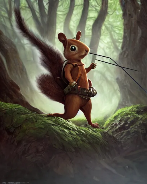 Image similar to Squirrel/Robin hood, forest background, magic the gathering artwork, D&D, fantasy, cinematic lighting, centered, symmetrical, highly detailed, digital painting, artstation, concept art, smooth, sharp focus, illustration, volumetric lighting, epic Composition, 8k, art by Akihiko Yoshida and Greg Rutkowski and Craig Mullins, oil painting, cgsociety