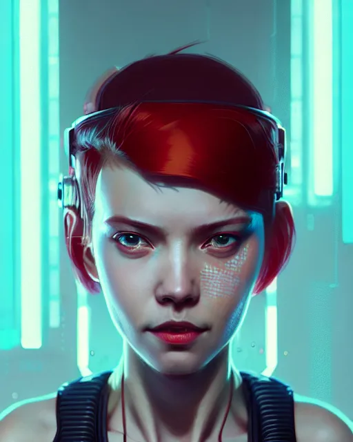 Image similar to cyberpunk synth, hyper - realistic detailed portrait of a smiling girl, red hair, by atey ghailan, by greg rutkowski, by greg tocchini, by james gilleard, by joe fenton, by kaethe butcher, 8 k, very intricate, dynamic lighting, gradient light blue, brown, blonde cream and white color scheme, sharp focus, grunge aesthetic