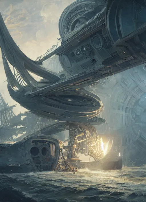 Image similar to epic concept illustration, highly detailed, intricate mechanical design, hard science concept art, star fleet nautilus ship being prepared for launch, by greg rutkowski and alphonse mucha. uhd, cinematic lighting, amazing depth, cinematography by 2 0 1 7