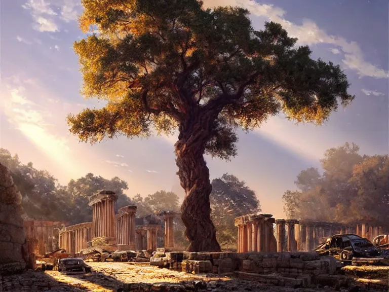 Image similar to oak tree growing in ancient greek ruins, many scrap cars, plastic waste, rubble, pillars, hyperrealistic, highly detailed, cinematic, single ray of golden sunlight, beautiful, cgssociety, artstation, 8 k, oil painting by greg rutkowski, by artgerm, by wlop